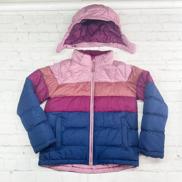 L.L. Bean Girls 8 Beans Down Puffer Jacket Colorblock Mauve Berry Winter Hooded - Picture 2 of 11